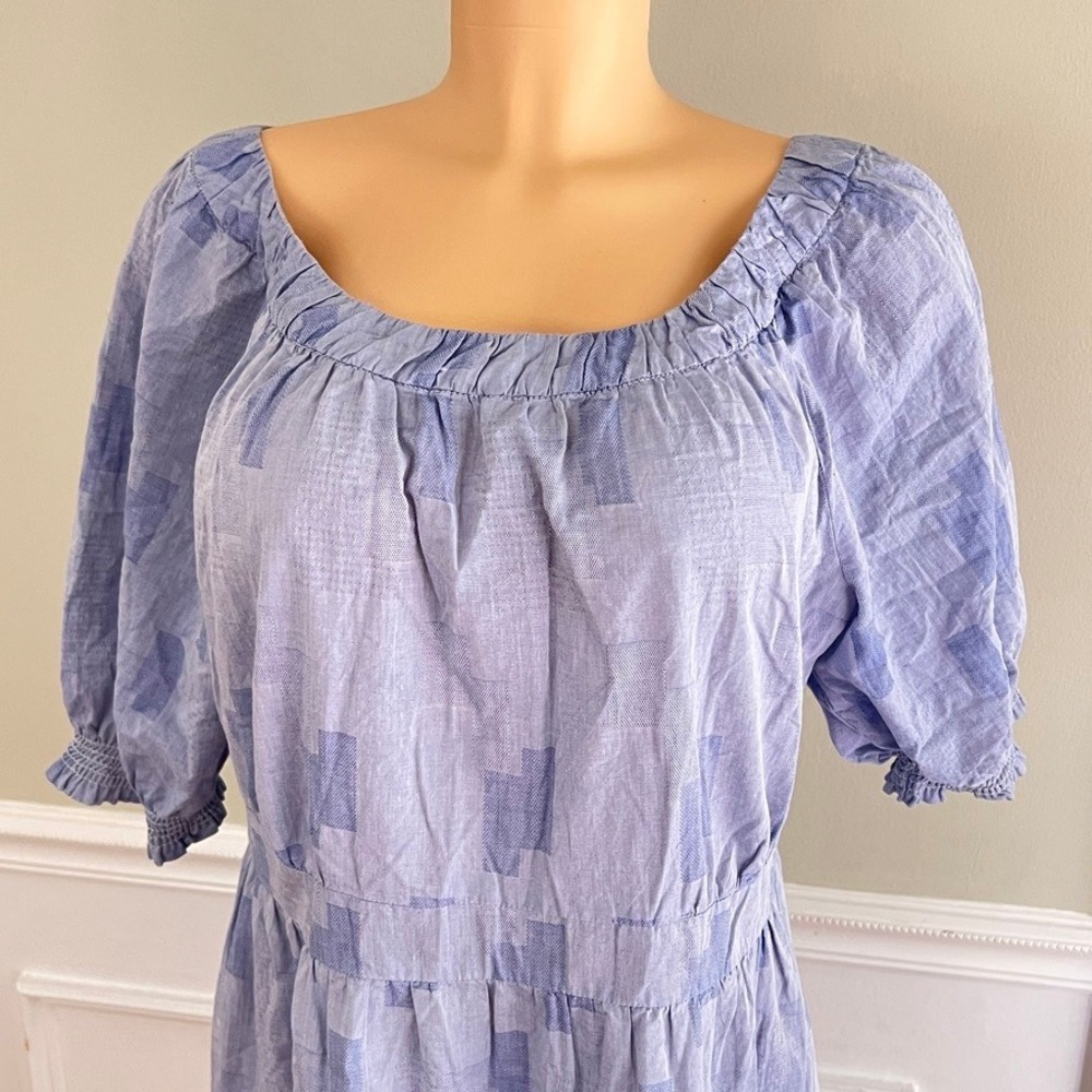 DKNY Tiered Midi Dress Womens 14 Cotton Puff Sleeve‎ Blue Geometric Cottagecore - Picture 5 of 11